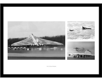 May include: A black and white photo collage of a Avro Vulcan bomber taking off, flying in formation, and landing. The bomber is a delta-winged aircraft with a distinctive swept-back design.