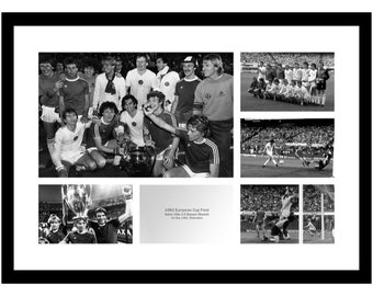 May include: A black and white photo collage of the 1982 European Cup Final. The collage includes photos of the teams, the trophy, and the game itself. The text "1982 European Cup Final Aston Villa v FC Bayern Munich 25 May 1982, Rotterdam" is included in the collage.