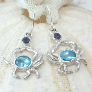 Blue Crab Earrings featuring Blue topaz & iolite gem stones