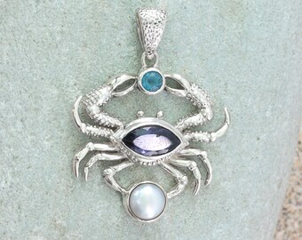 Blue Crab Catches a Pearl! Silver Crab pendant with Gemstones