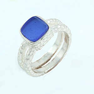 Awsome Cobalt Blue Sea Glass hammered silver ring