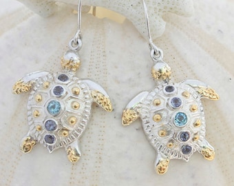 Gem Encrusted Silver Sea Turtle Earrings