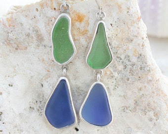 Genuine Sea Glass  Earring festuring Cobalt Blue and green Sea glass