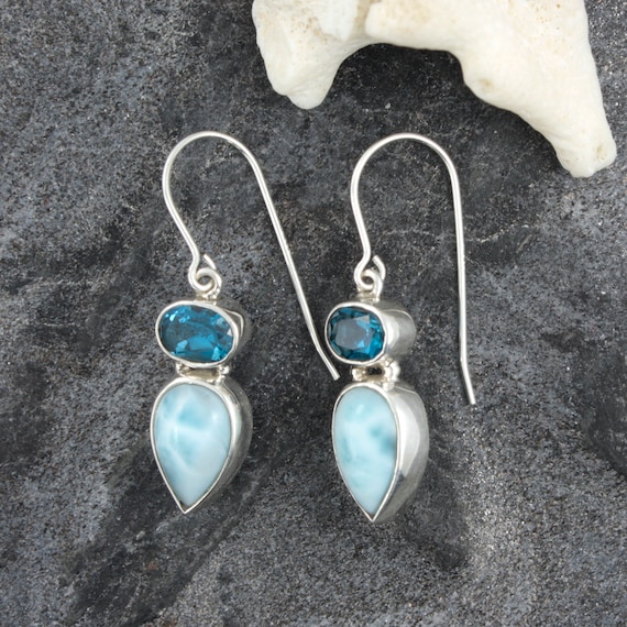Simply Stunning Deep Blue Topaz and Larimar  Silver Earrings
