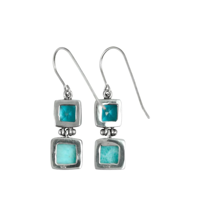 May include: A pair of silver dangle earrings with two square turquoise stones on each earring.