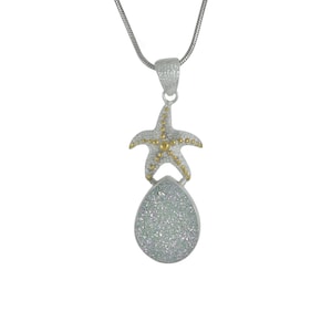 Silver Starfish and White opalized Druzy Pendant