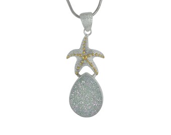 Silver Starfish and White opalized Druzy Pendant