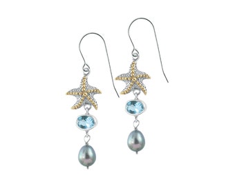 Starfish earring with blue topaz and Silver Pearl Drops