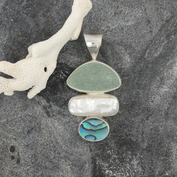 Exquisite Aqua Sea Glass Pendant with Paua Shell