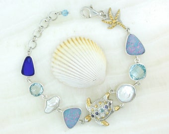 Amazing Sea Turtle Bracelet with a mirage of Sea Glass,Pearl's and Gemstones