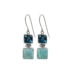 May include: Sterling silver dangle earrings with a blue topaz and a blue lace agate gemstone.