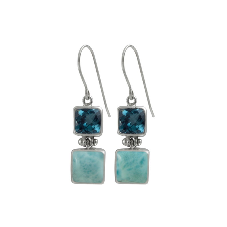 May include: Sterling silver dangle earrings with a blue topaz and a blue lace agate gemstone.