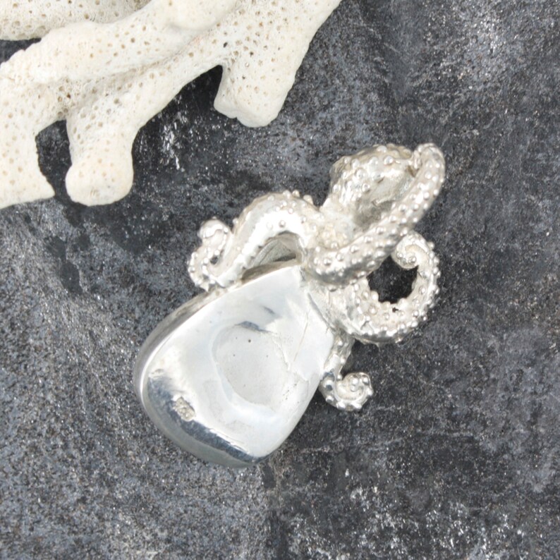 May include: A silver octopus pendant with a textured surface. The octopus is curled around a smooth, oval-shaped stone.
