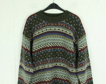 Vintage sweater with wool size. L/XL green colorful crazy pattern knit