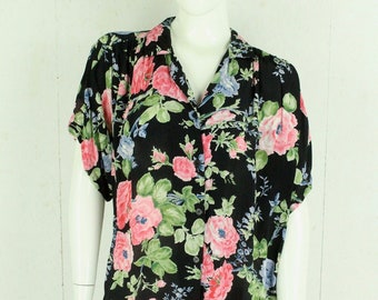 Vintage blouse size M black multicolored floral short sleeve