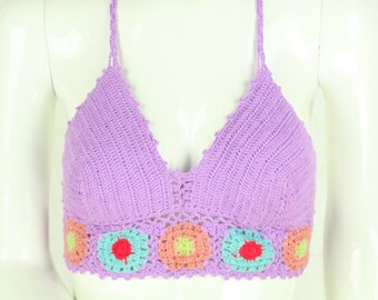 Hand knitted boho knit top size. One size purple multicolored floral crochet top NEW