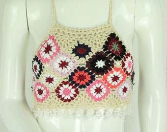 Hand knitted boho knit top size. One size beige multicolored crochet top with beads NEW
