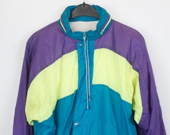 Vintage jacket, rain jacket, windbreaker, 90s, sportswear, 90s clothing, purple, yellow, turquoise, big stripes