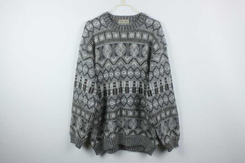 grey Vintage Sweater 90s white KK04413 Vintage Knit Pullover oversized look pattern 80s