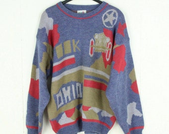 Vintage sweater with wool size L blue colorful crazy pattern knit