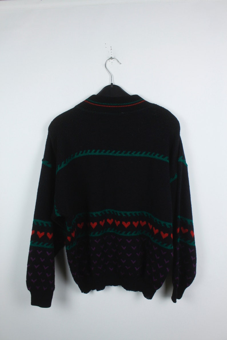 black jumper knitwear 90s green red music hearts KK04419 Vintage Sweater 80s Vintage Knit Pullover