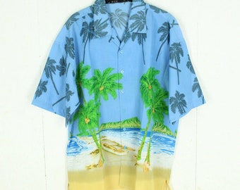 Vintage Hawaiian Shirt Size XL blue colorful palm trees beach