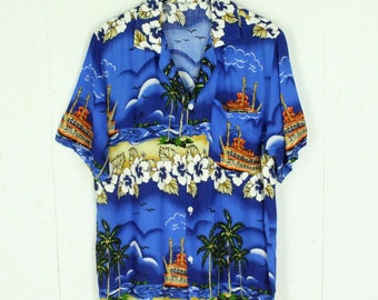 Vintage Hawaiian Shirt Size M blue colorful palm trees beach aloha