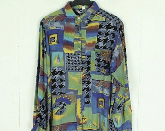 Vintage Bluse Gr. S blau bunt Crazy Pattern langarm