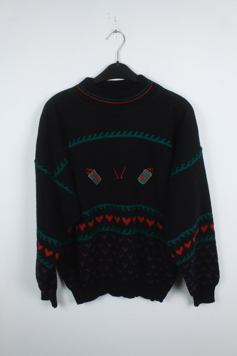 black jumper knitwear 90s green red music hearts KK04419 Vintage Sweater 80s Vintage Knit Pullover