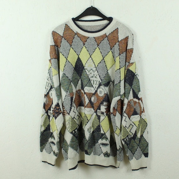 Vintage sweater size L cream multicolored pattern… - image 1