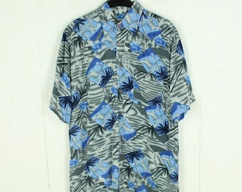 Vintage Hawaiian Shirt Size M gray multicolored palm trees aloha