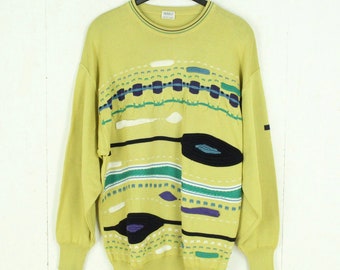 Taille du pull vintage Tricot motif fou coloré jaune L