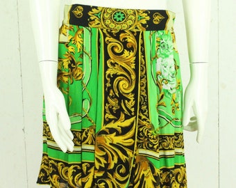 Vintage mini skirt size L green multi-coloured patterned high waist skirt