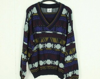 Pull vintage avec taille en laine. Tricot motif fou multicolore bleu XL