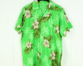 Vintage Hawaiian Shirt Size M green multicolored floral palm trees Aloha