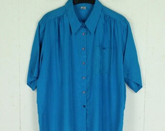 Vintage Seidenbluse Gr. L blau uni kurzarm Bluse Seide