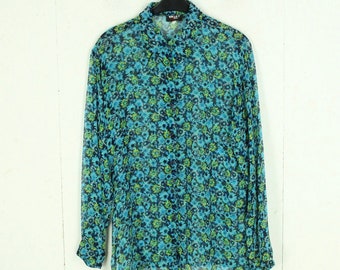 taille de chemisier en soie vintage. Blouse manches longues fleurie bleu vert L en soie