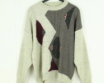Pull vintage taille laine. Maille motif fou multicolore gris L