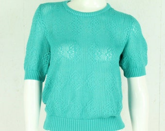 Vintage sweater female size S green plain hole pattern short sleeve knit