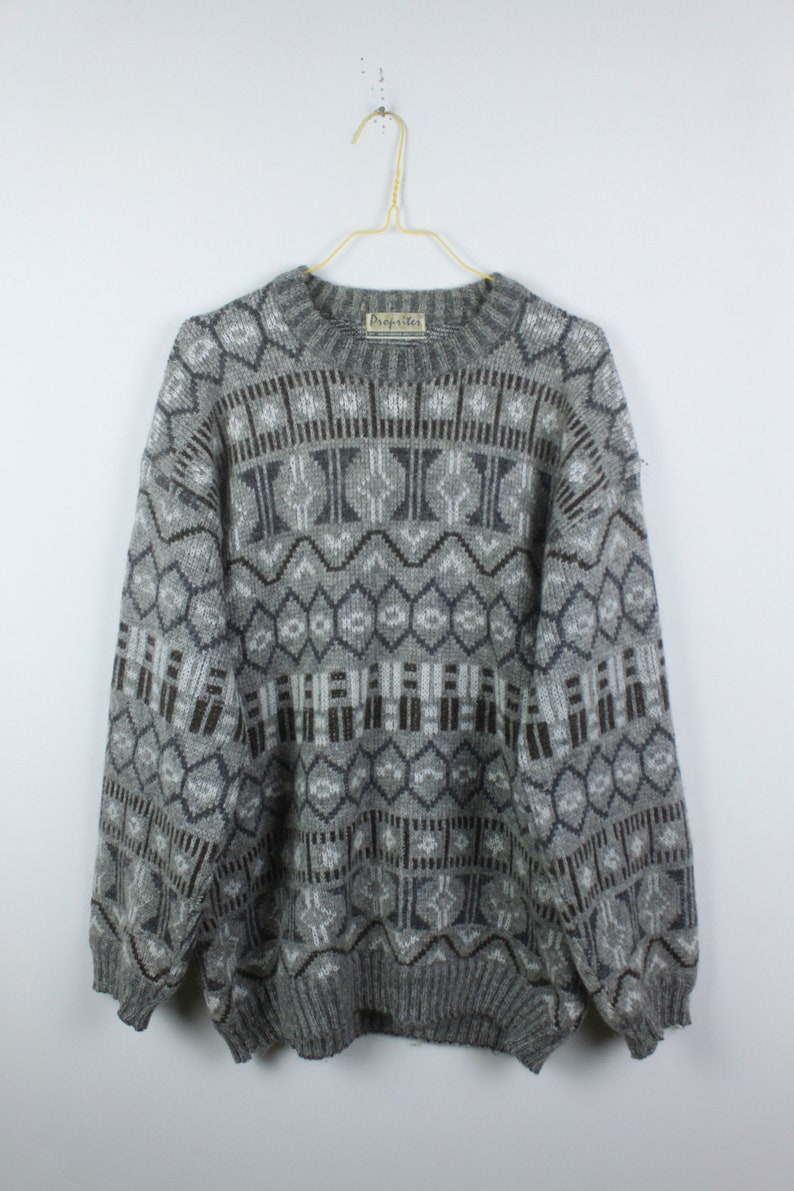 grey Vintage Sweater 90s white KK04413 Vintage Knit Pullover oversized look pattern 80s