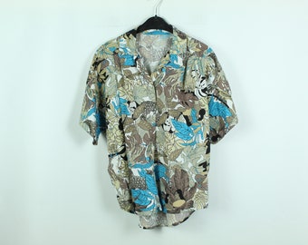 Vintage Blouse, Taille L, mode des années 90, vêtements des années 90, plantes, léopard, perroquet, motif jungle (KK/20/03/569)