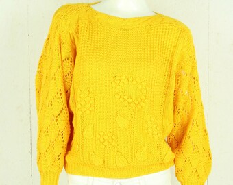 Vintage sweater female size M yellow-orange plain hole pattern knit