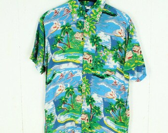 Vintage Hawaiian Shirt Size S colorful palm surfers