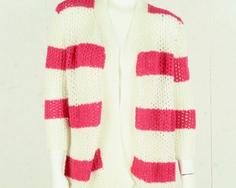 Vintage Cardigan Female size L pink white striped openwork knit