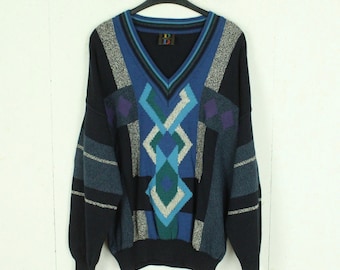 Vintage BAFFO sweater with wool size L blue multi-coloured crazy pattern knit