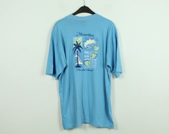 Vintage Mauritius 90s Souvenir T-Shirt with Print, Size XL, Illustration, Blue (KK/21/09/033)