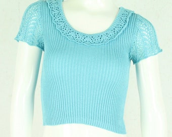 Pull vintage Taille Femme Maille courte unie bleu clair S