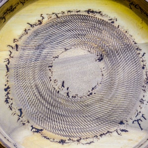 Puede incluir: Una bandeja redonda de madera con un interior de color claro y un patr&oacute;n oscuro en espiral en el centro. El borde es de un tono marr&oacute;n m&aacute;s oscuro. El dise&ntilde;o de la bandeja presenta una serie de l&iacute;neas conc&eacute;ntricas, creando un efecto texturizado.