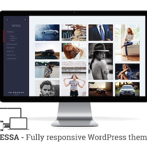 May include: A screenshot of a website with a dark blue sidebar and a white background. The sidebar has the word "NESSA" in a white font. The website is a portfolio of images, including a car, a woman in a white shirt, a woman in a black and white photo, and a car. The website is fully responsive, meaning it will adjust to fit any screen size.