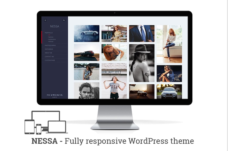 Puede incluir: Una captura de pantalla de un sitio web con una barra lateral azul oscuro y un fondo blanco. La barra lateral tiene la palabra "NESSA" en blanco. El sitio web es un portafolio de im&aacute;genes, que incluyen un autom&oacute;vil, una mujer con una camisa blanca, una mujer en una foto en blanco y negro y un autom&oacute;vil. El sitio web es totalmente receptivo, lo que significa que se ajustar&aacute; a cualquier tama&ntilde;o de pantalla.